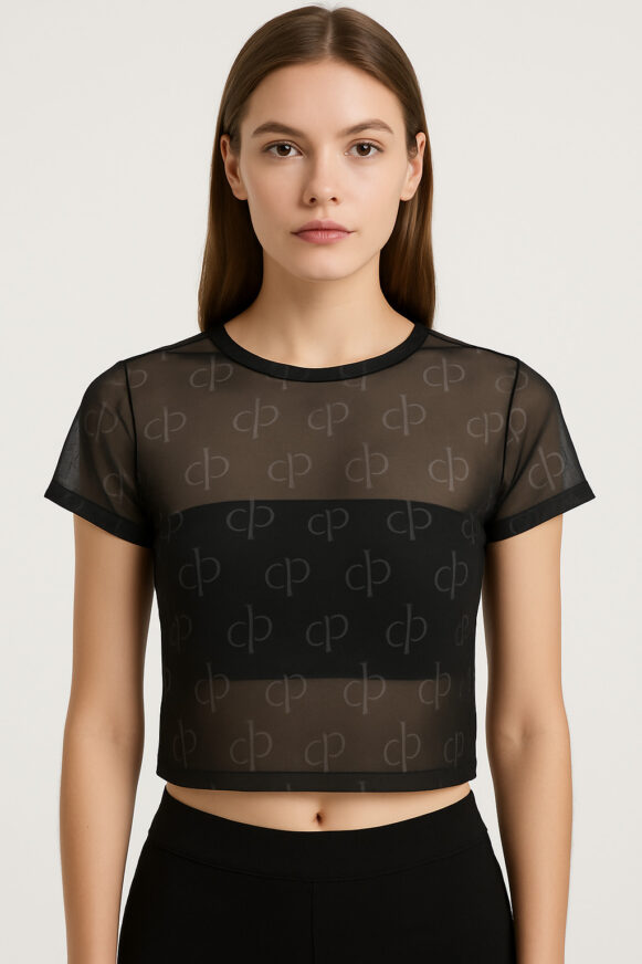 Black Sheer Logo Mesh Crop Top