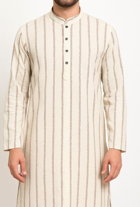 Men’s White Striped Cotton Kurta - Image 3