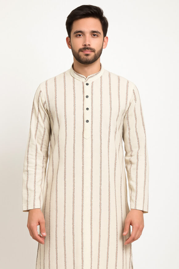 Men’s White Striped Cotton Kurta_costumpeti