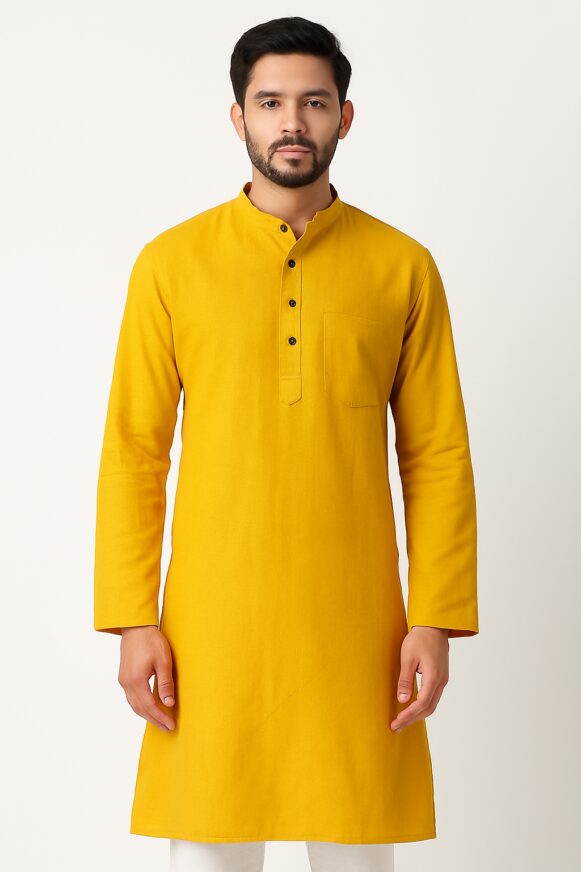 Men’s Mustard Yellow Cotton Kurta_costumepeti