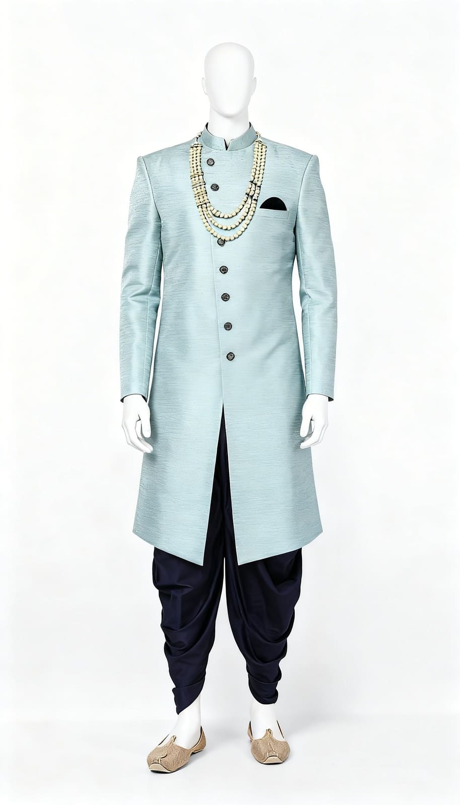 Stone Grey Indo-Western Art Silk Sherwani With Peshawari - Costumepeti