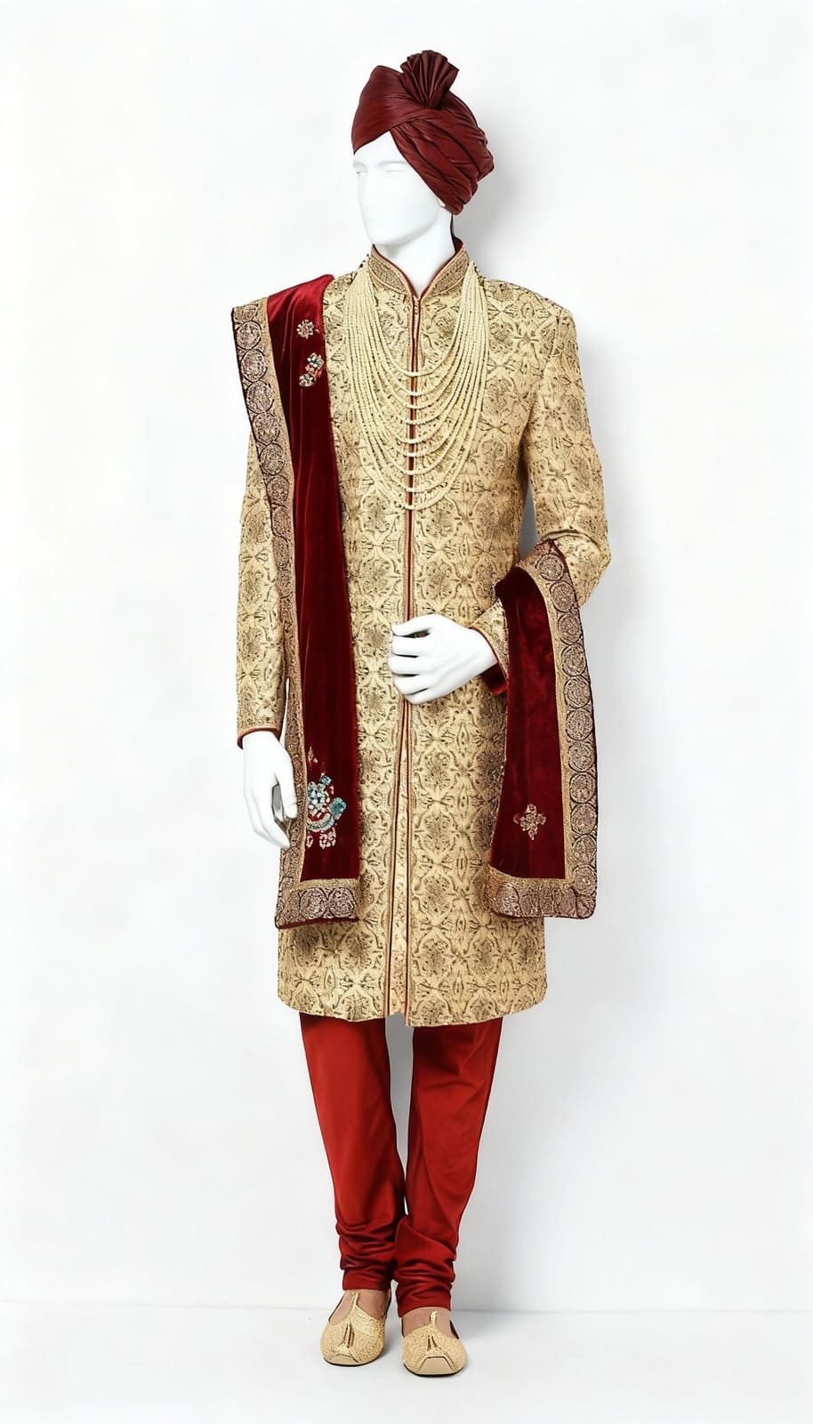 Cream Embroidered Art Silk Sherwani With Churidar - Costumepeti