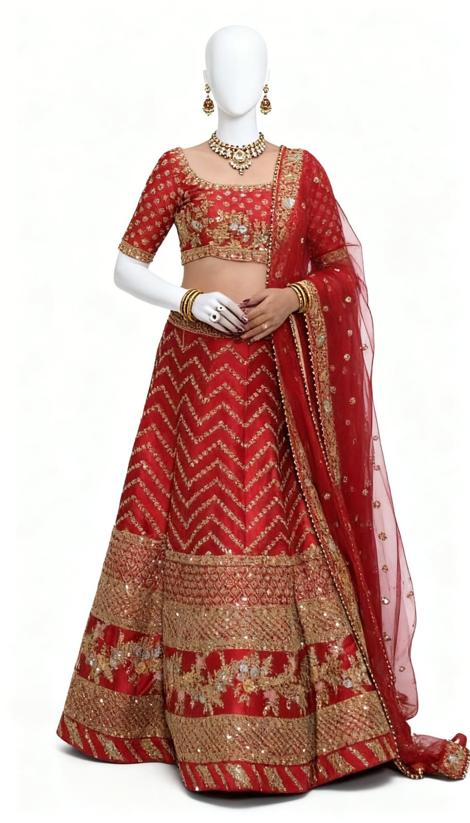 Red Zari Embroidered Bridal Lehenga Set - Costumepeti