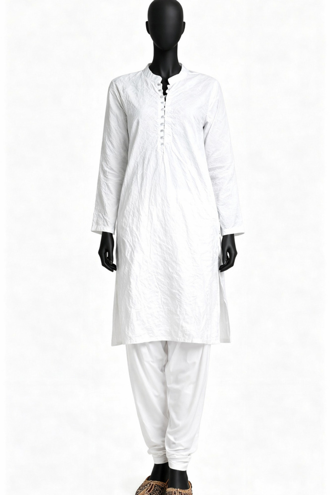 White Solid Textured Buttoned Kurta