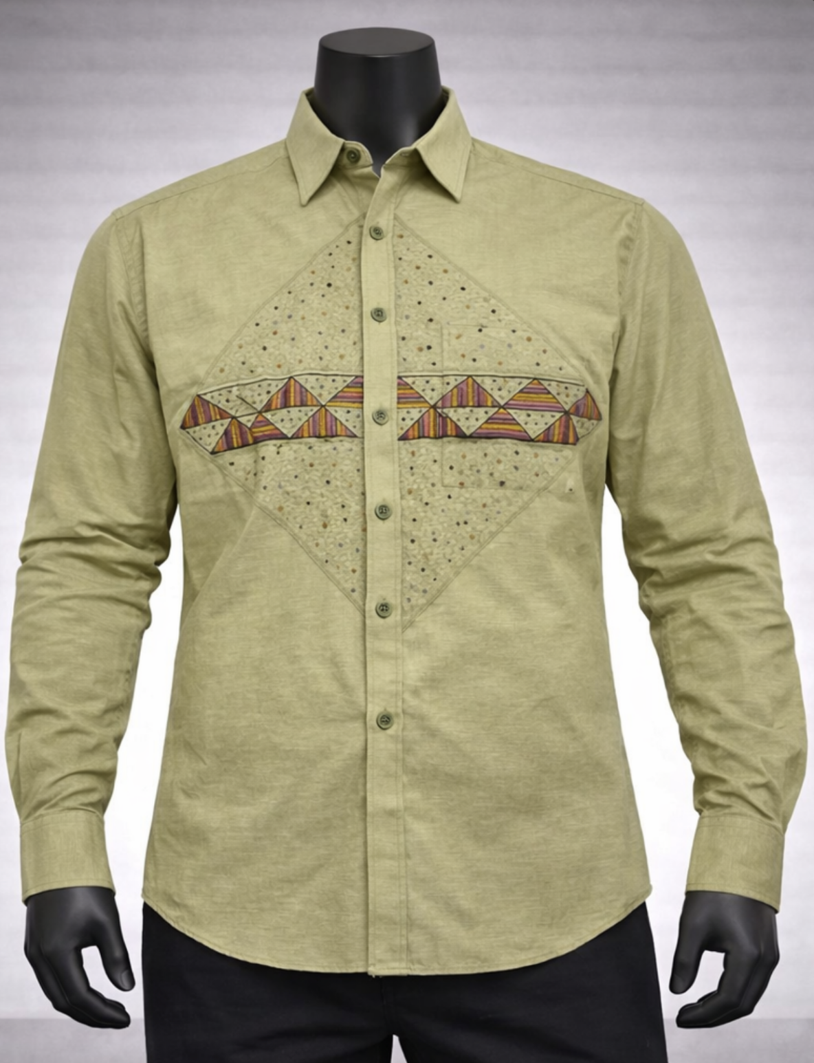 Olive Ethnic Panel Casual Shirt_costumepeti
