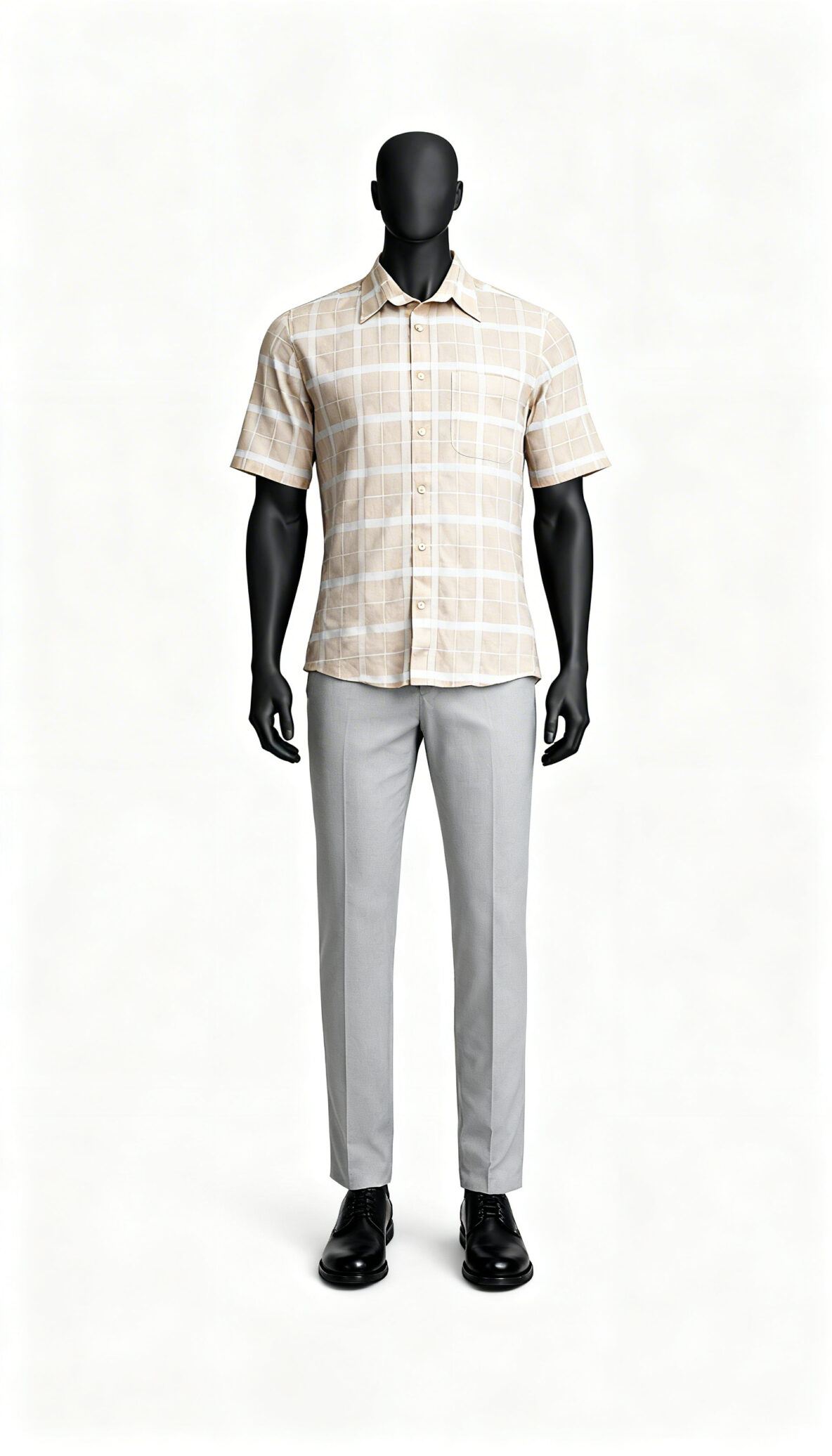 Beige Checked Short Sleeve Shirt_costumepeti