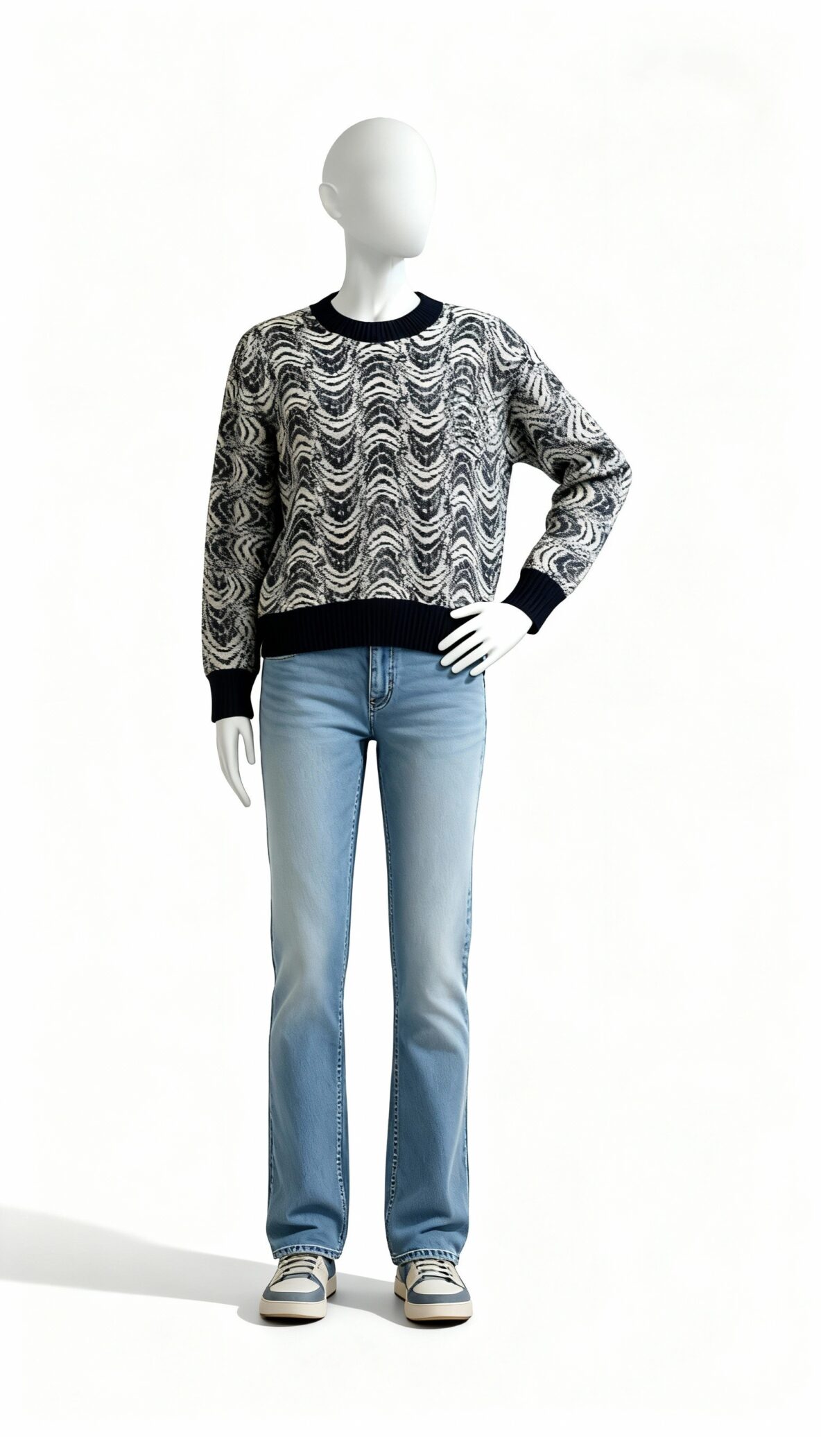 Black & Off-White Abstract Wavy Pattern Knit Sweater