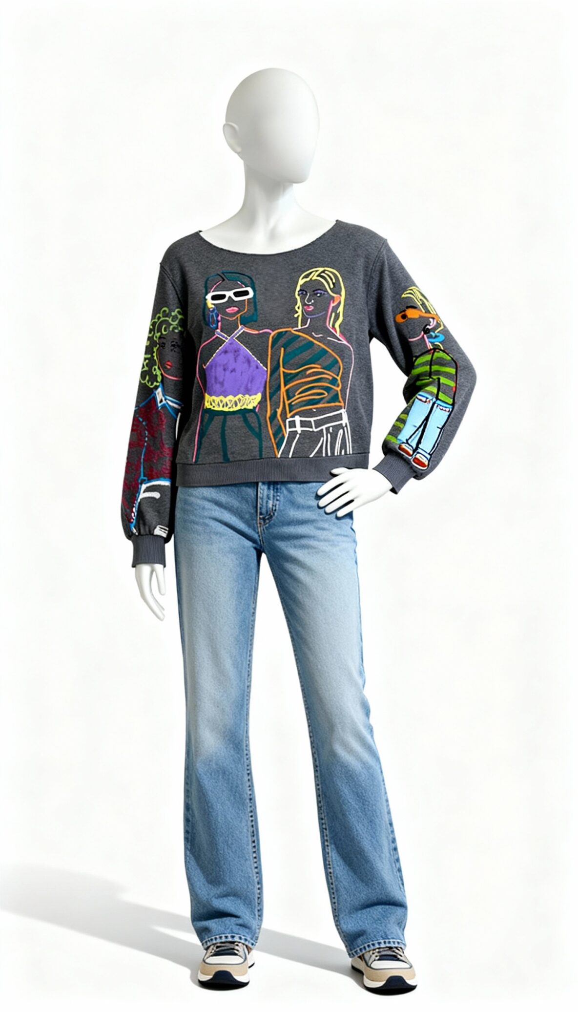 Charcoal Grey Graphic Fashion-Illustration Sweatshirt