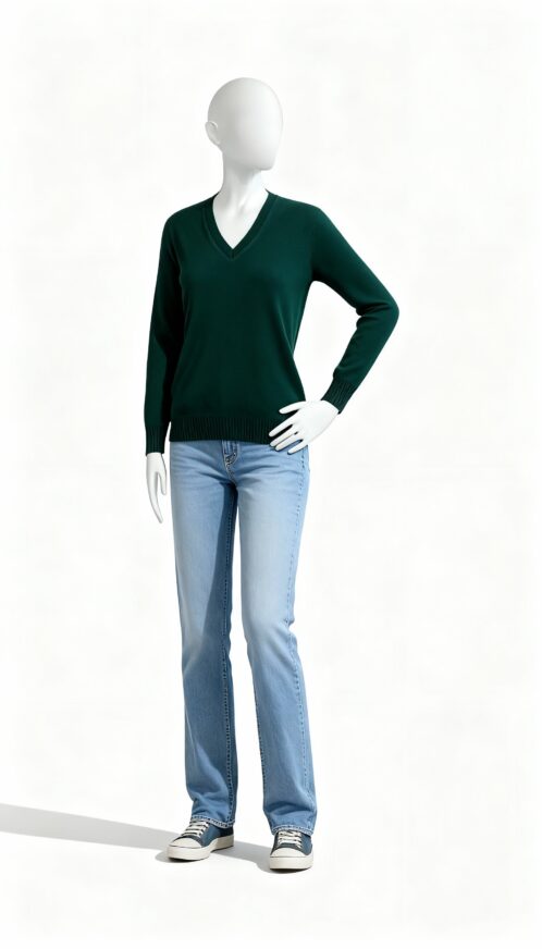 Men’s Solid Dark Green V-Neck Winter Sweater - Image 2