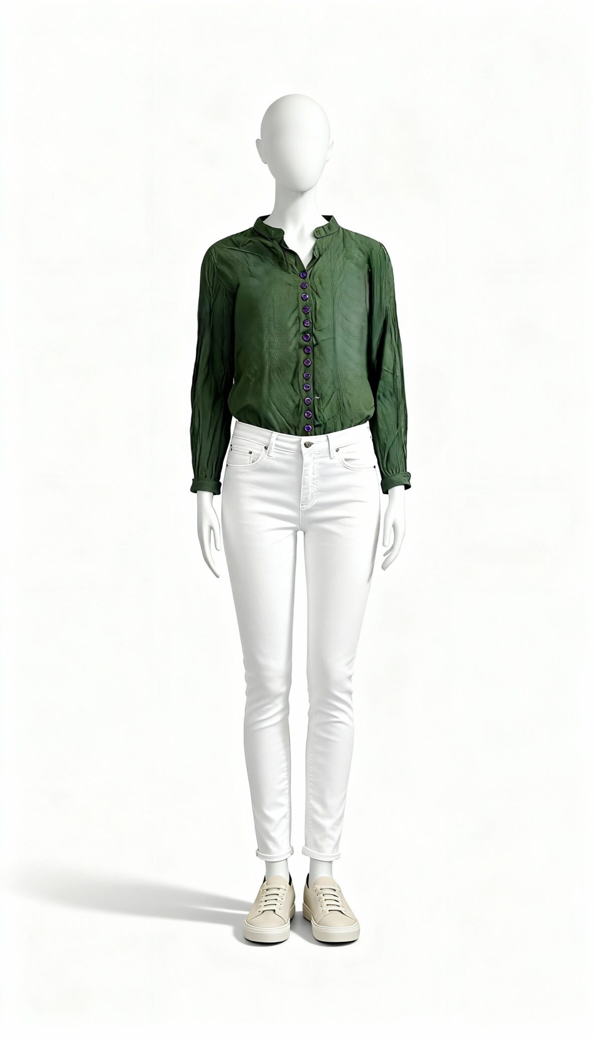 Dark Green Long Shirt with Purple Buttons