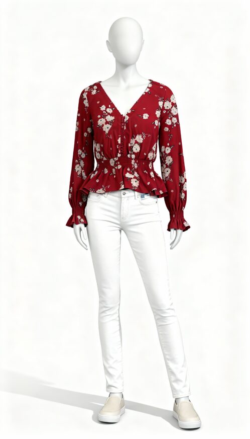 Red Floral Smocked Peplum Top - Image 2