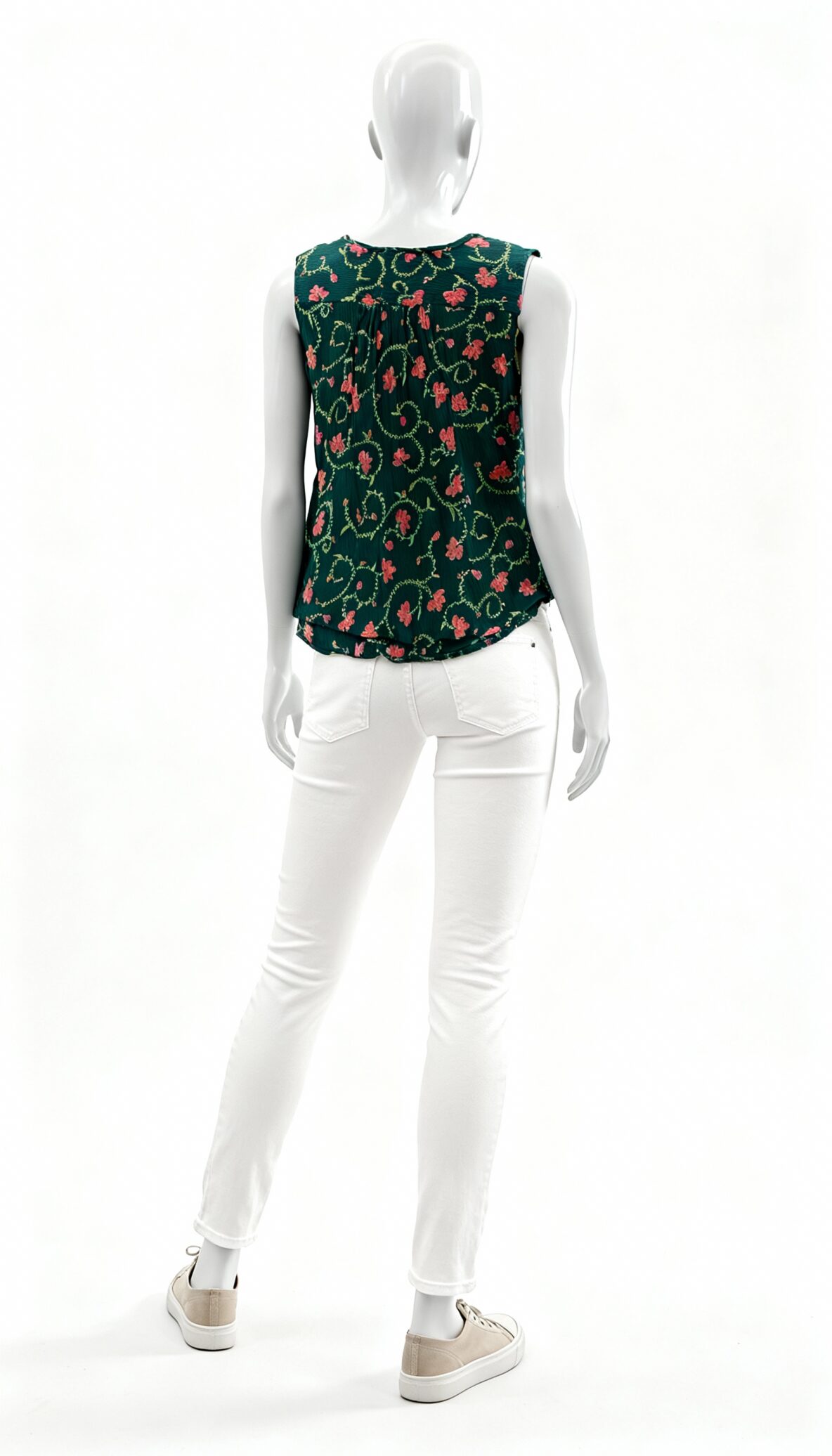 Green Floral Sleeveless Button-Down Top