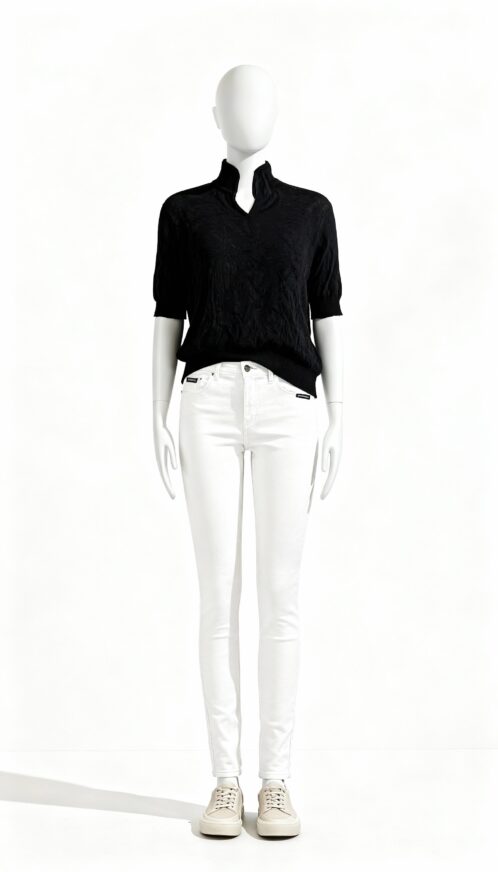 Black Half-Sleeve High-Neck Knit Top - Image 2