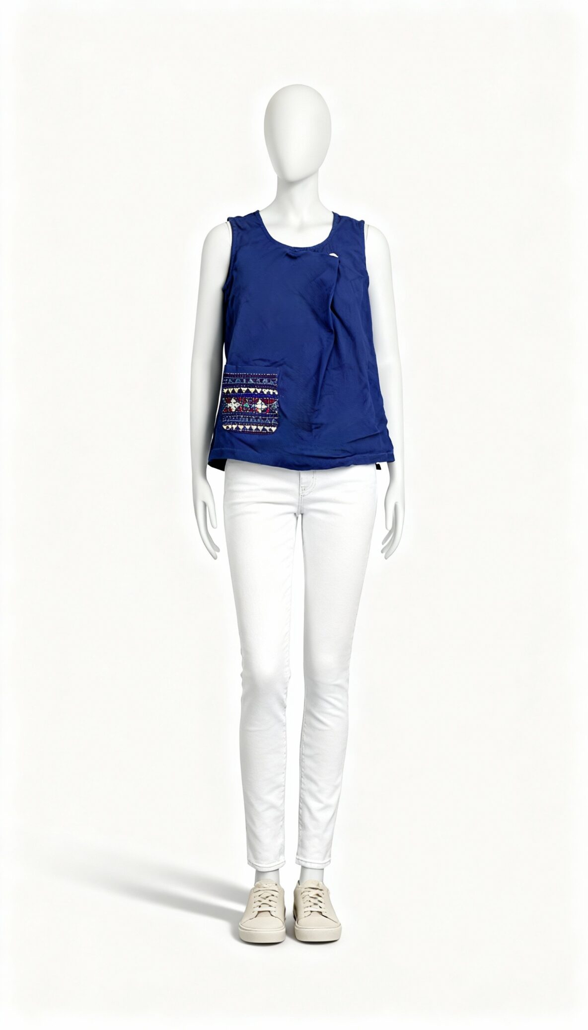 Navy Blue Printed Pocket Sleeveless Top