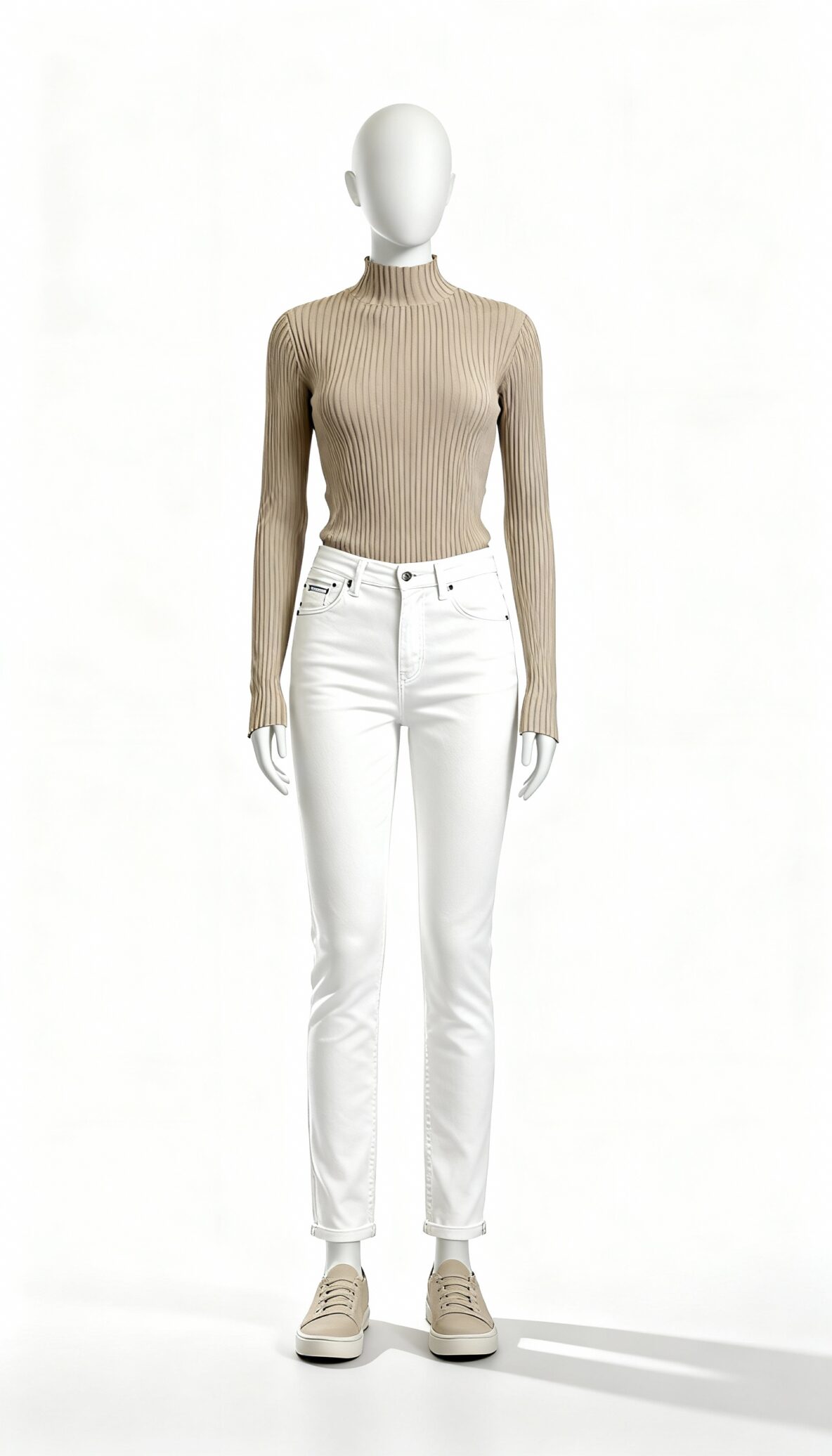 Beige ribbed full sleeve high neck top_costumepeti