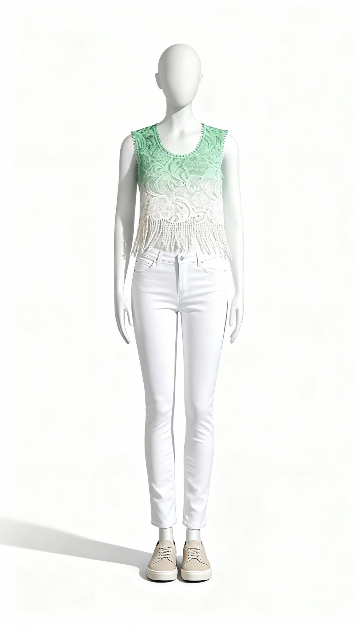 Green sleeveless lace fringe crop top_costumepeti