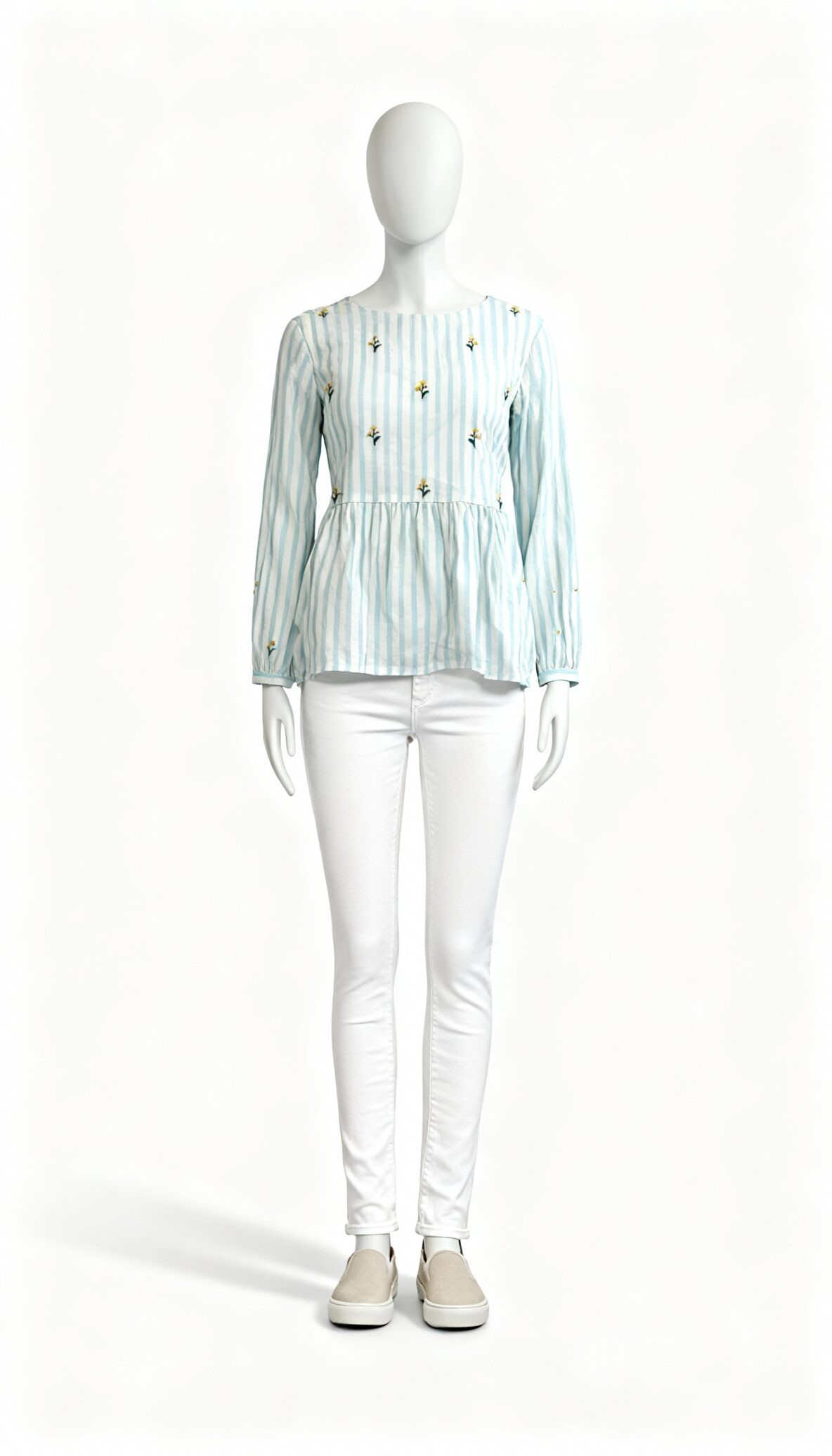 Light Blue Striped Embroidered A-Line Top - Costumepeti