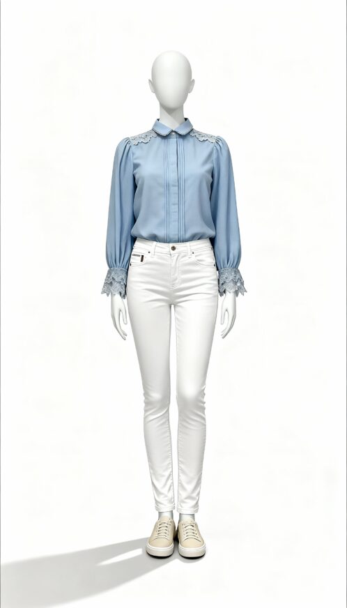 Blue Puff-Sleeve Lace Shirt - Image 3