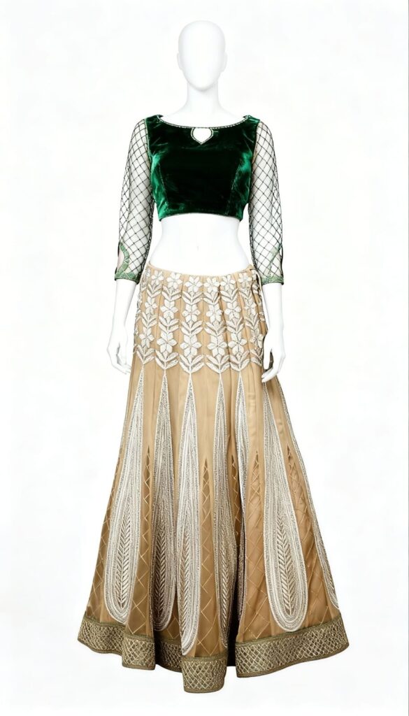 Velvet Crop Top With Gold Lehenga Set - Costumepeti