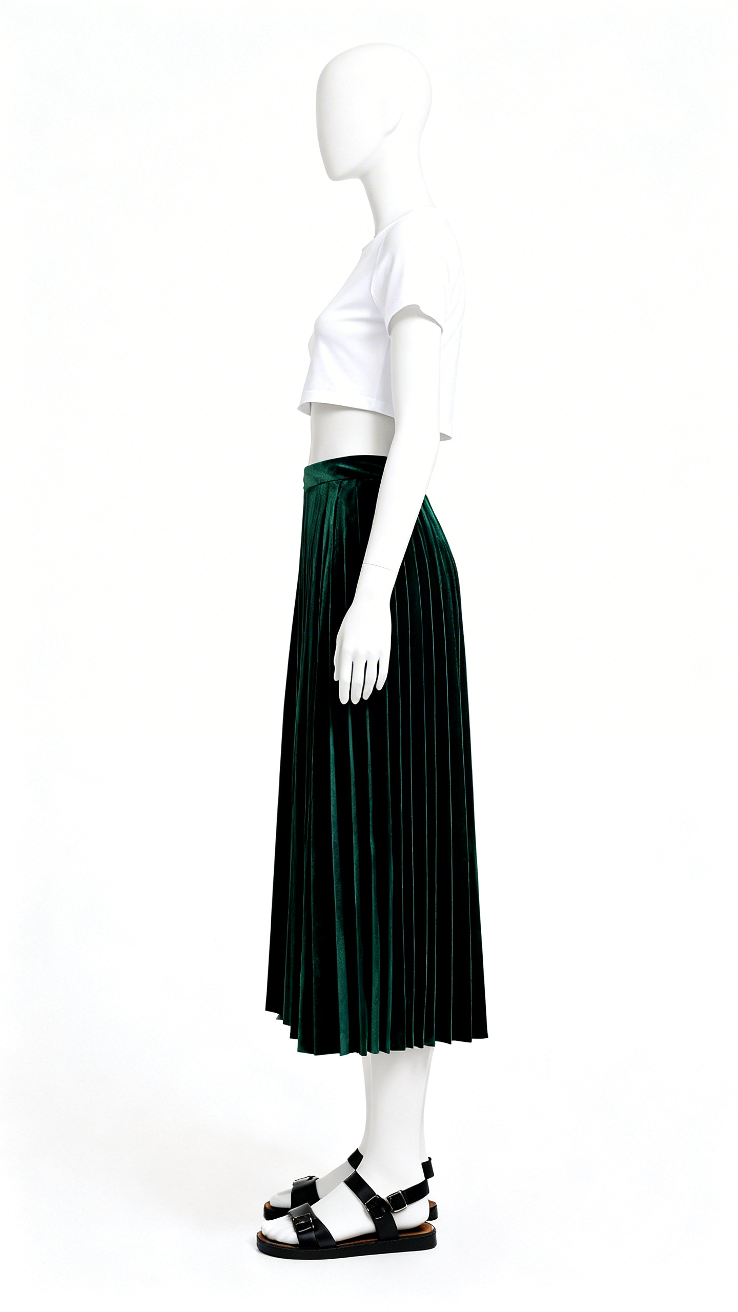 Dark Green Velvet Pleated Skirt - Image 3