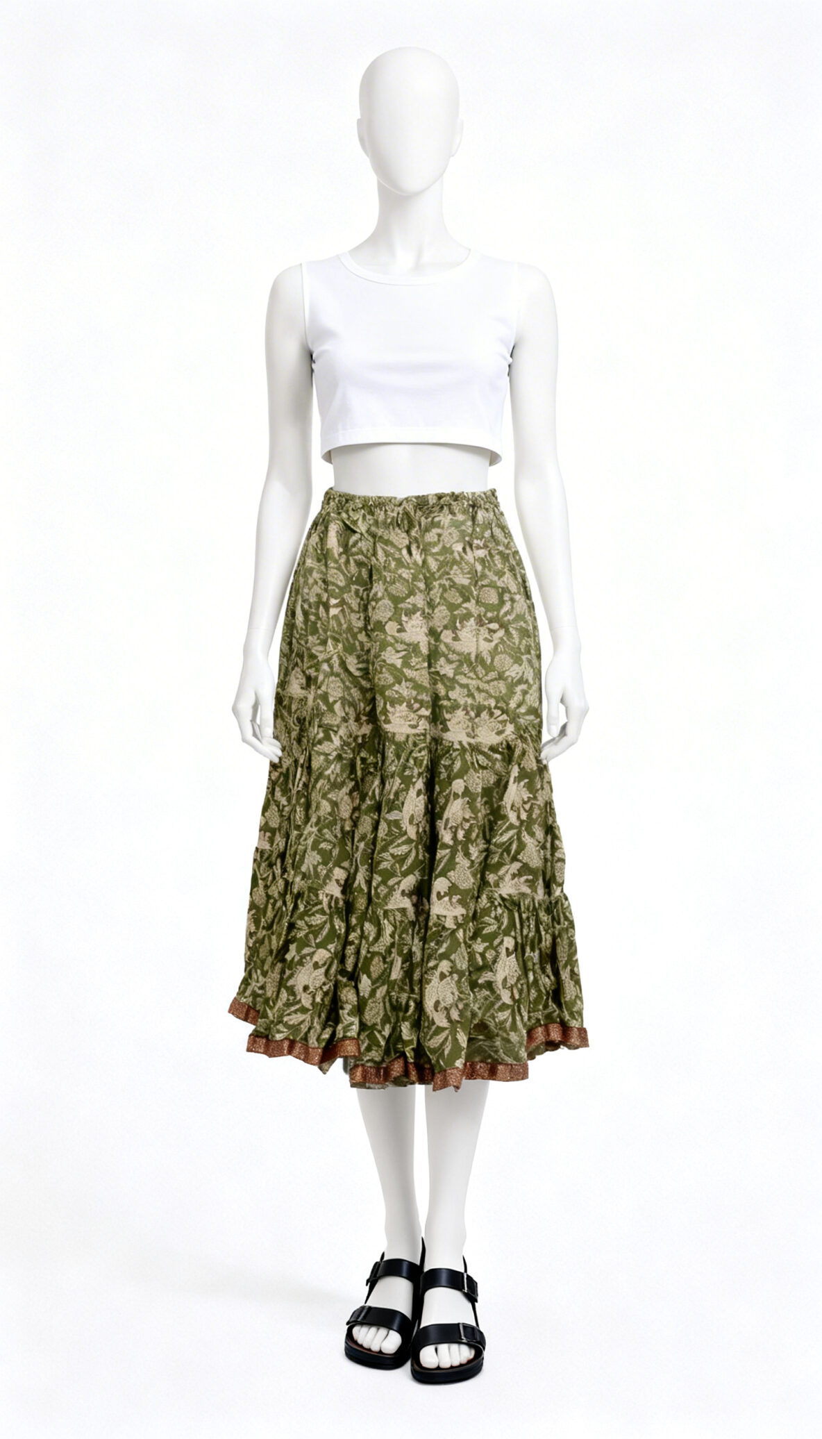 Olive Printed Ethnic Flared Skirt