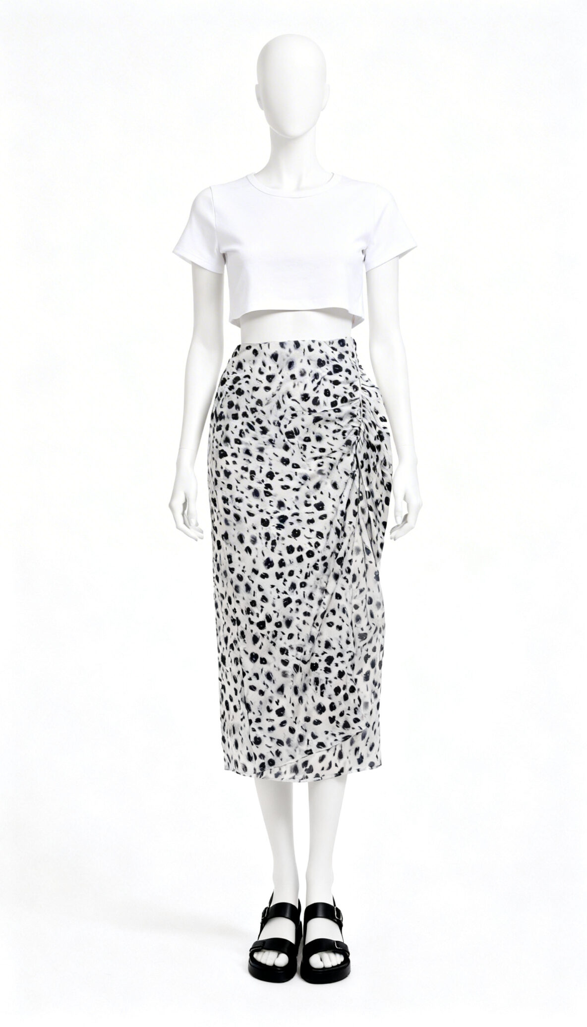 White Black Ruched Printed Skirt
