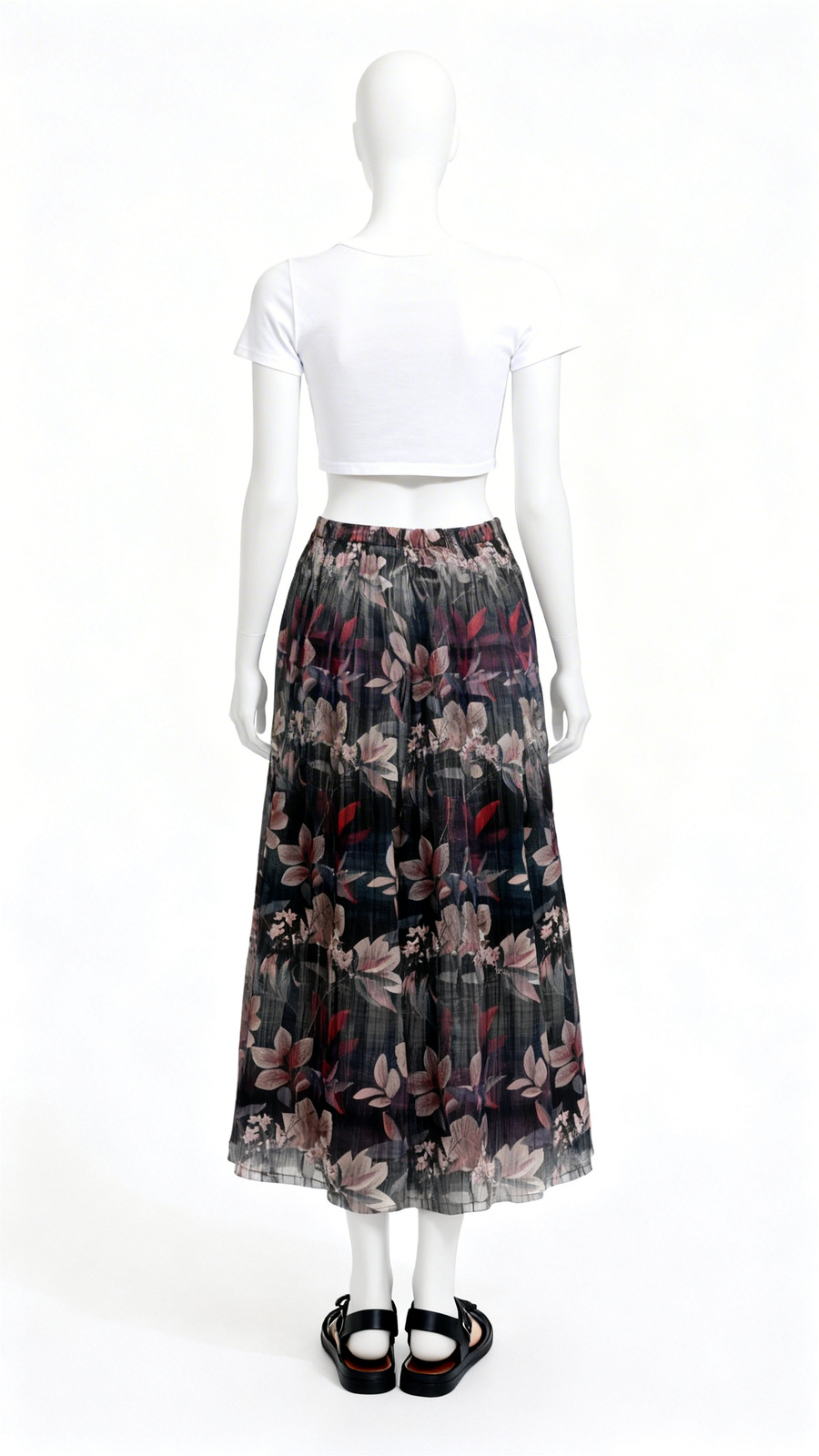 Dark Floral Printed Pleated Skirt