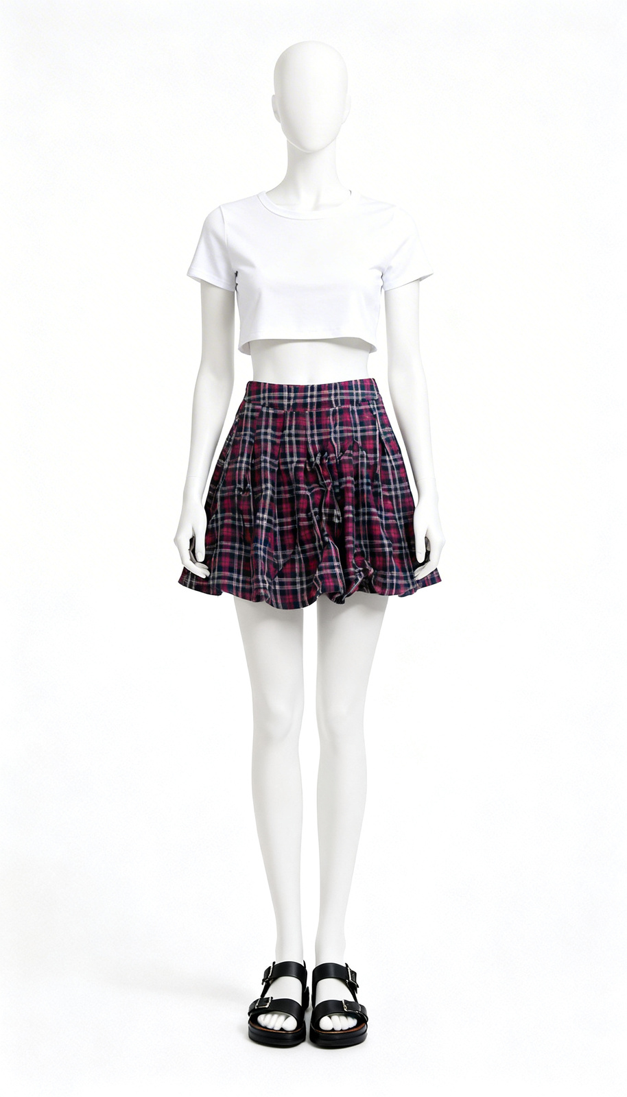 Pink Navy Checked Pleated Skirt