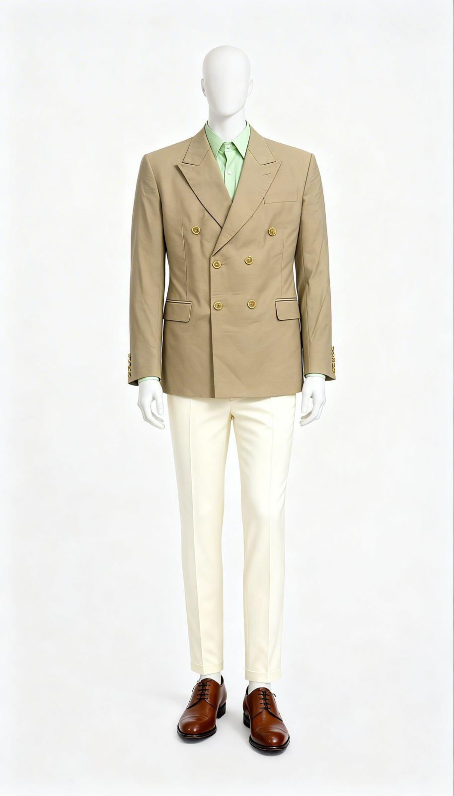 Beige Peak Lapel Double-Breasted Blazer