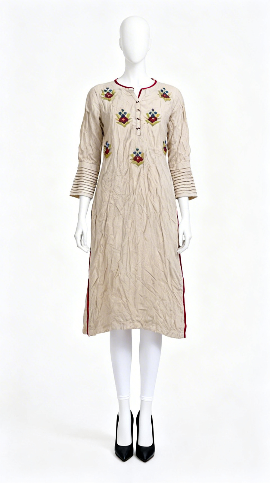 Beige Embroidered Straight Kurti