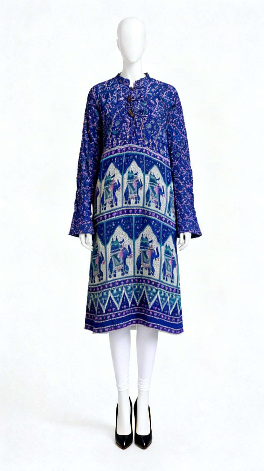Printed blue kurti with gathered yoke