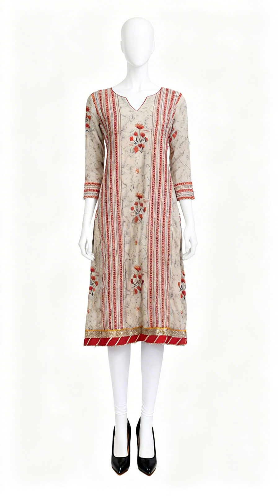 Printed grey kurti with contrast borders