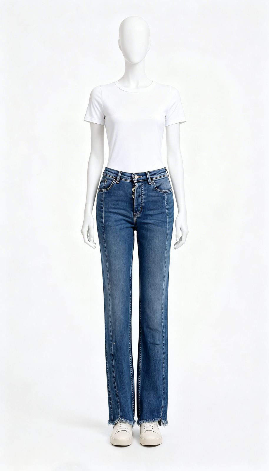 Blue Washed Straight Fit Jeans with Raw Hem