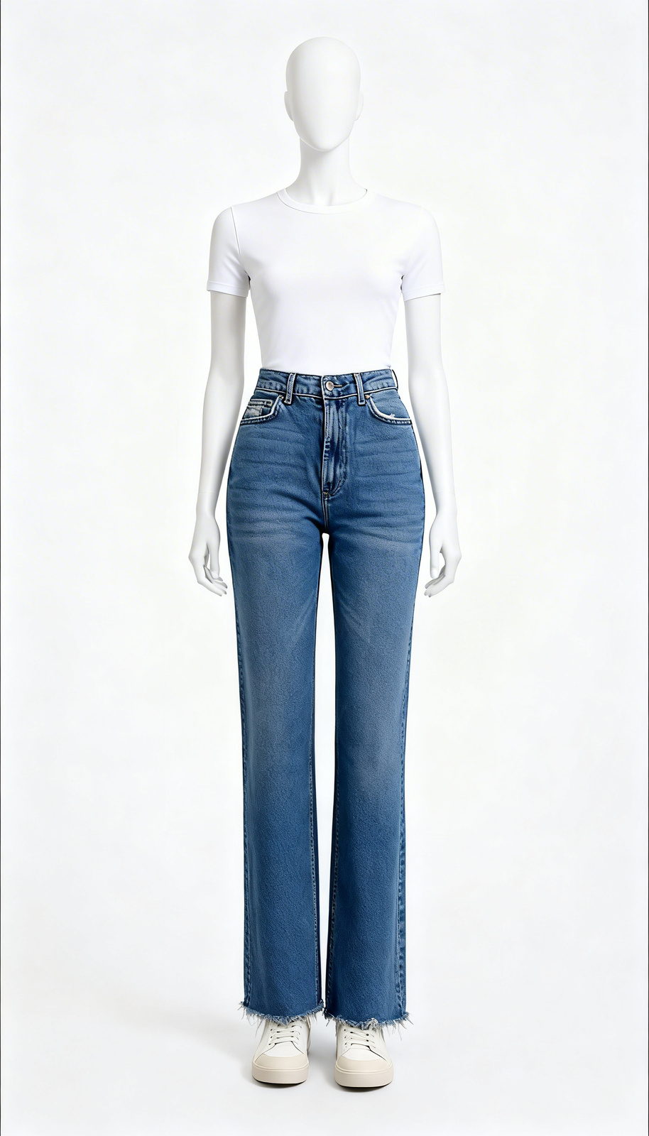 Blue Washed Wide Leg Jeans with Raw Frayed Hem