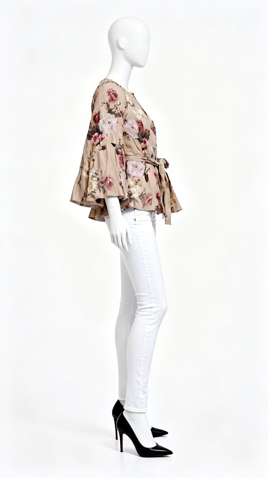 Beige Floral Flared Sleeve Top - Image 3
