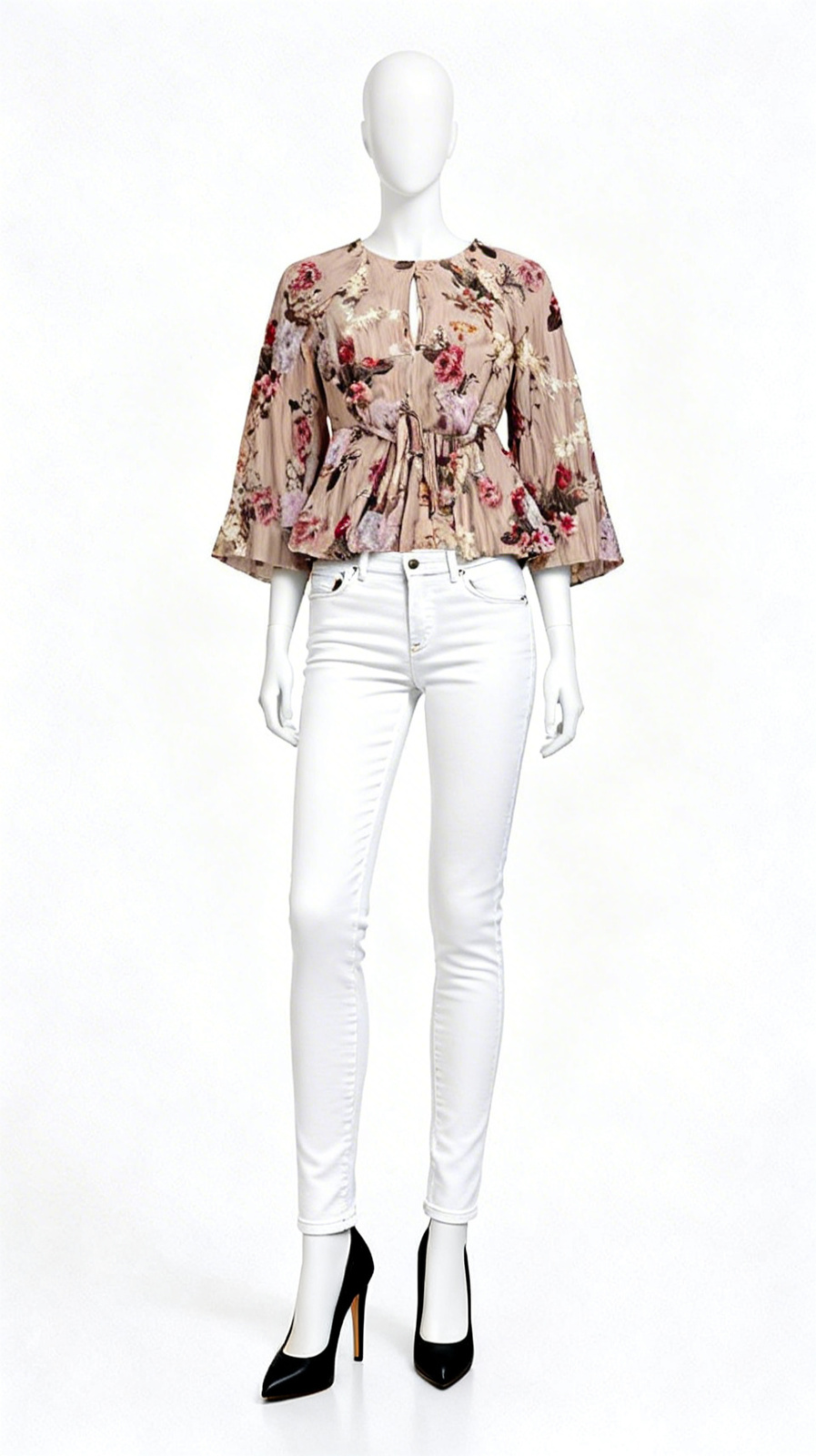Beige Floral Flared Sleeve Top