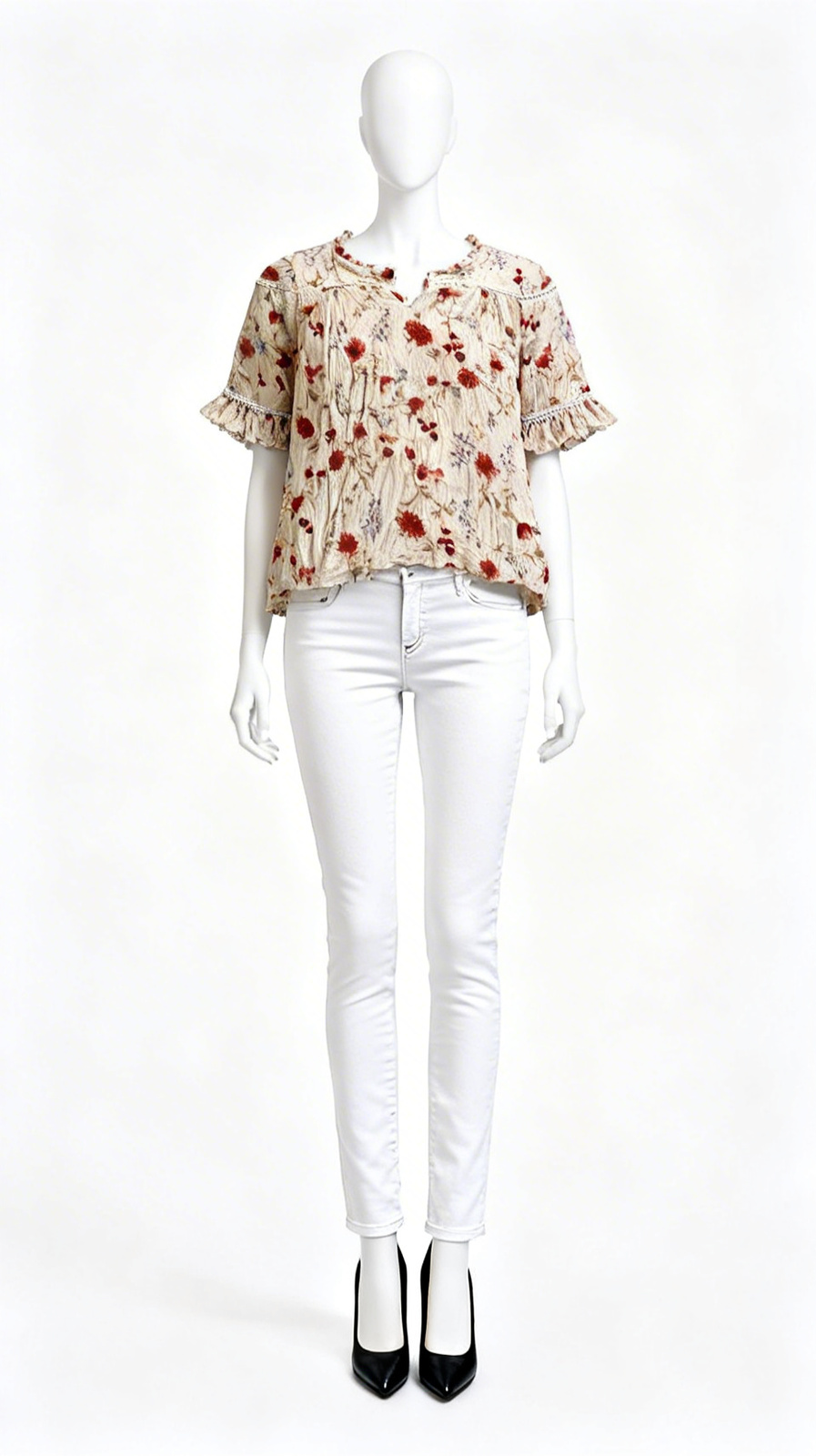 Beige Floral 3/4 Sleeve Peasant Top