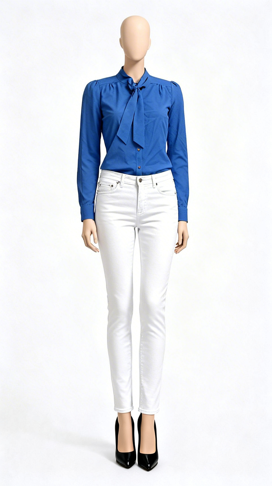 Blue Bow-Neck Long Sleeve Shirt