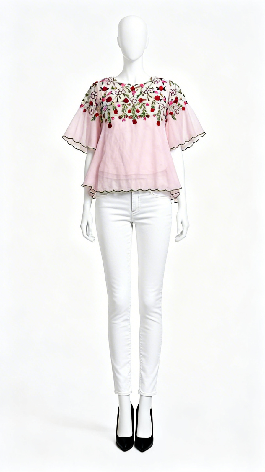 Pink Floral Embroidered Flared Top