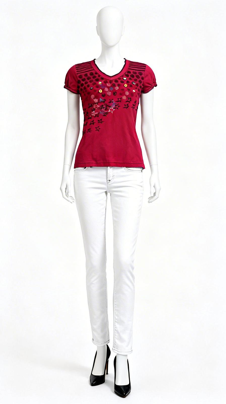 Pink Embellished Printed V-Neck Top