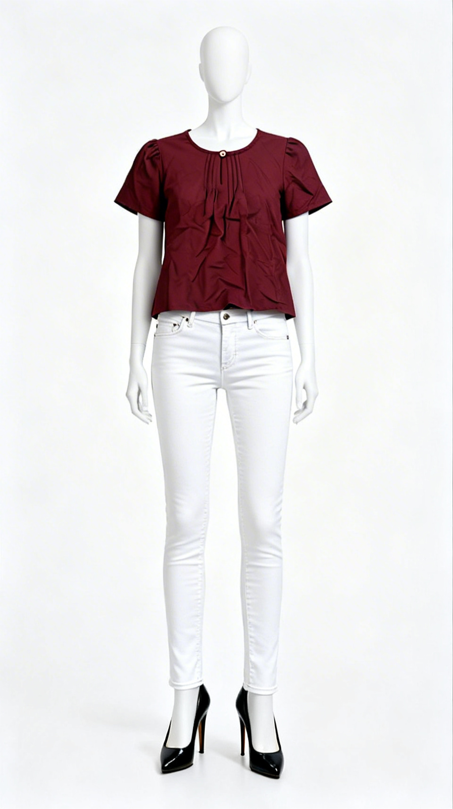 Maroon Solid Pleated Short Sleeve Top