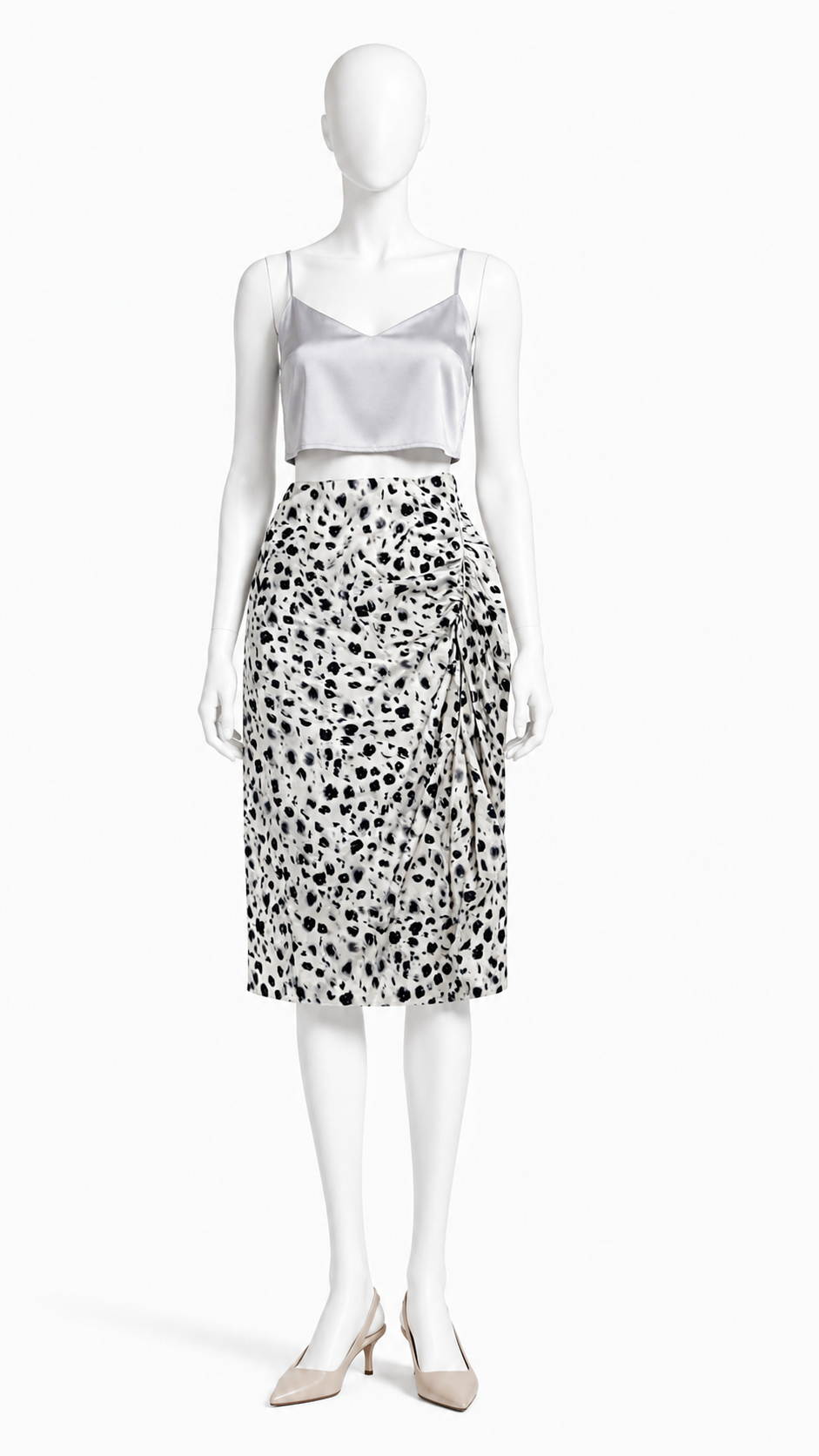 White Black Ruched Printed Skirt