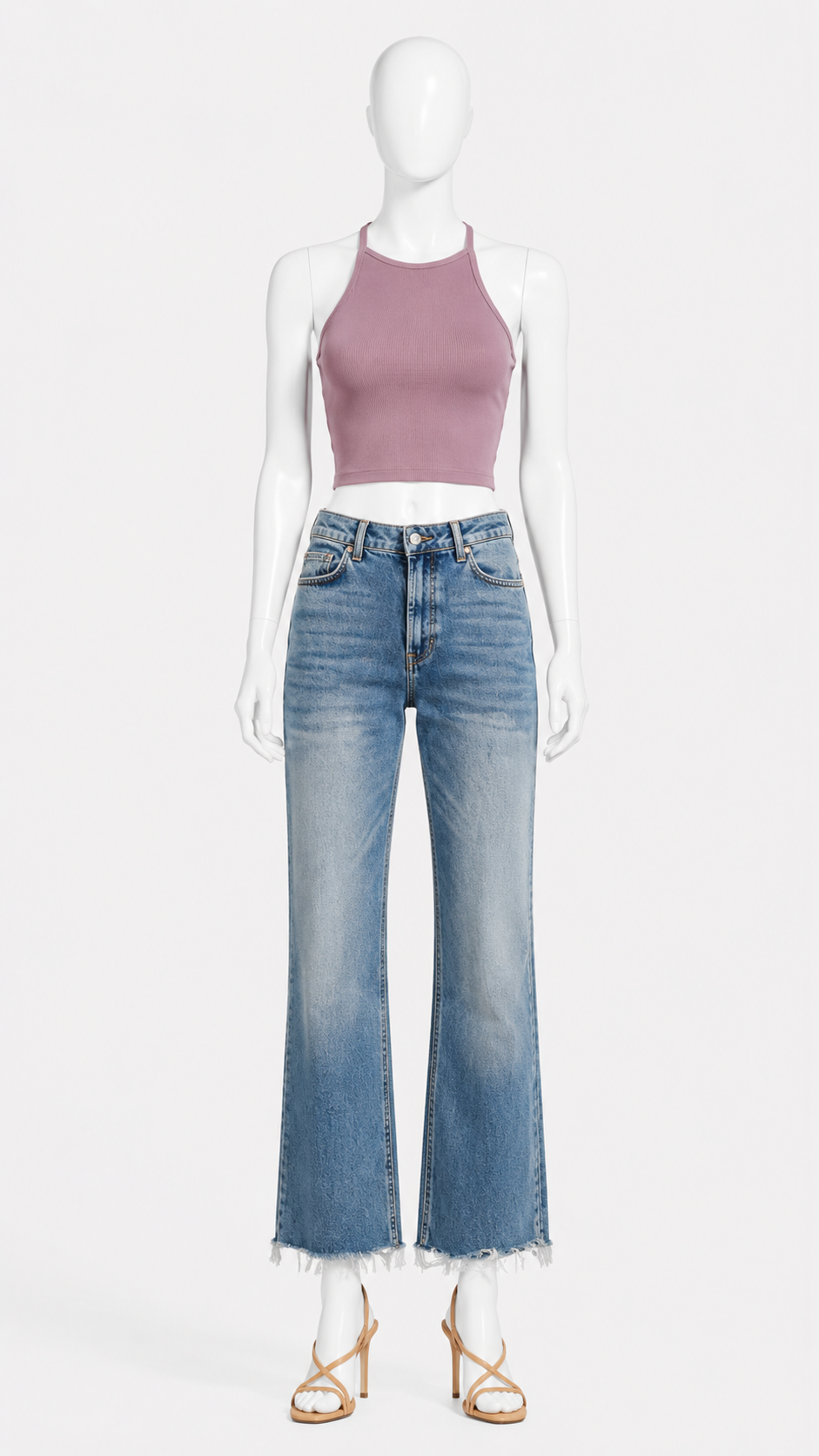 Blue Washed Wide Leg Jeans With Raw Frayed Hem