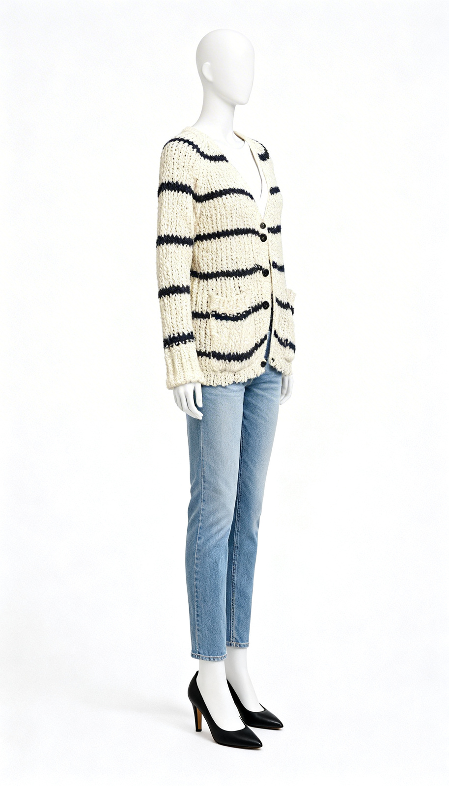 Cream Striped Classic Knit Cardigan