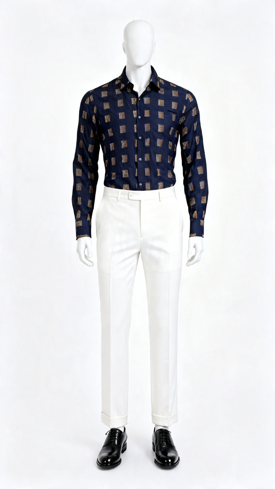 Navy Blue Geometric Printed Cotton Casual Shirt