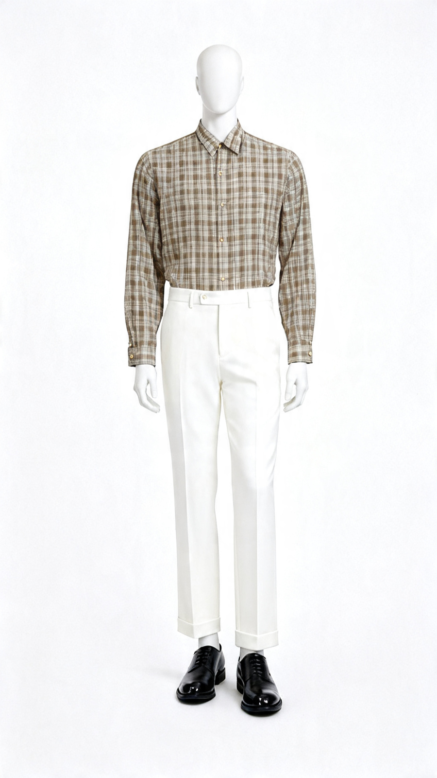 Beige Plaid Cotton Casual Shirt