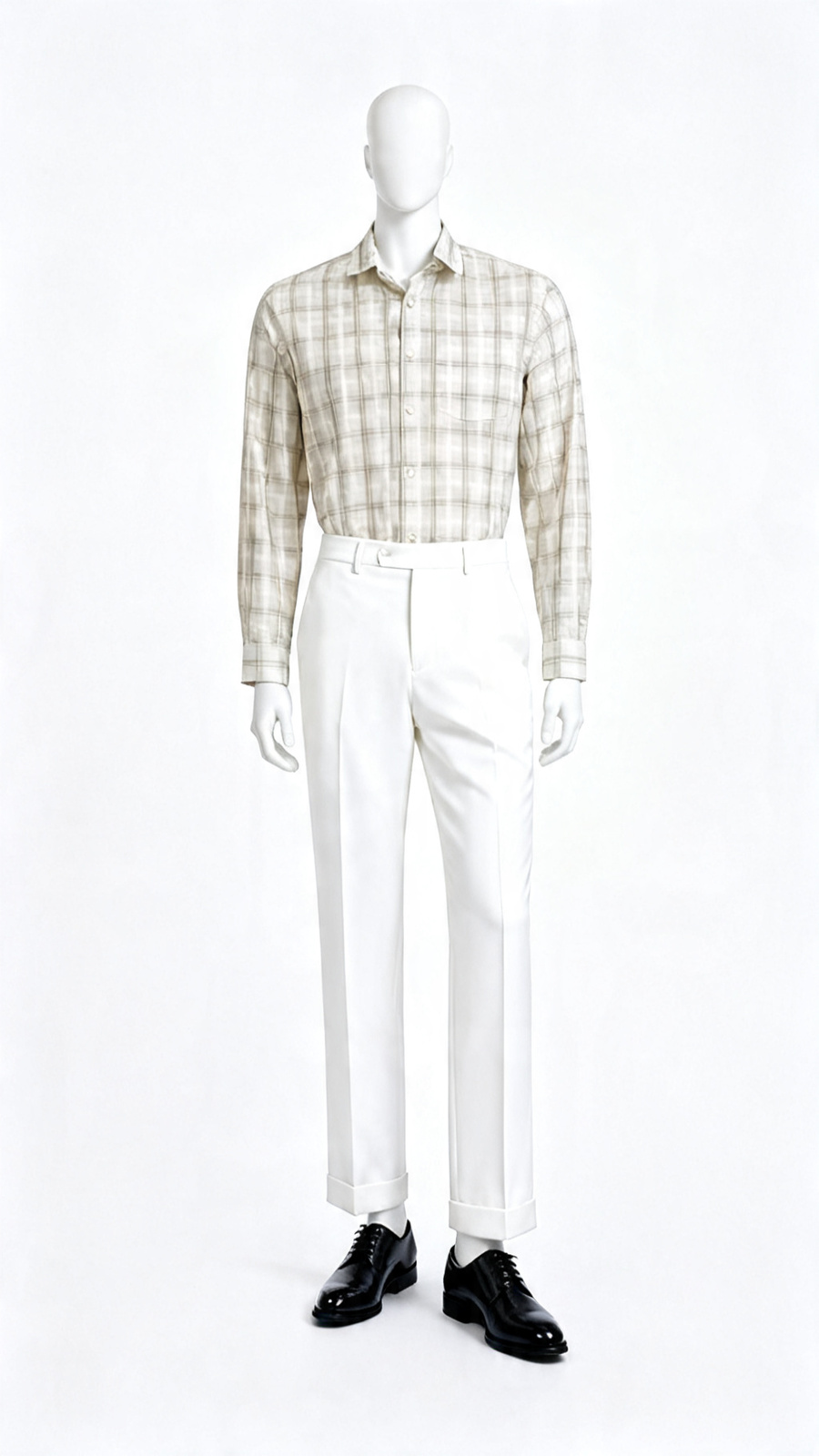 Cream Soft Plaid Check Formal Shirt