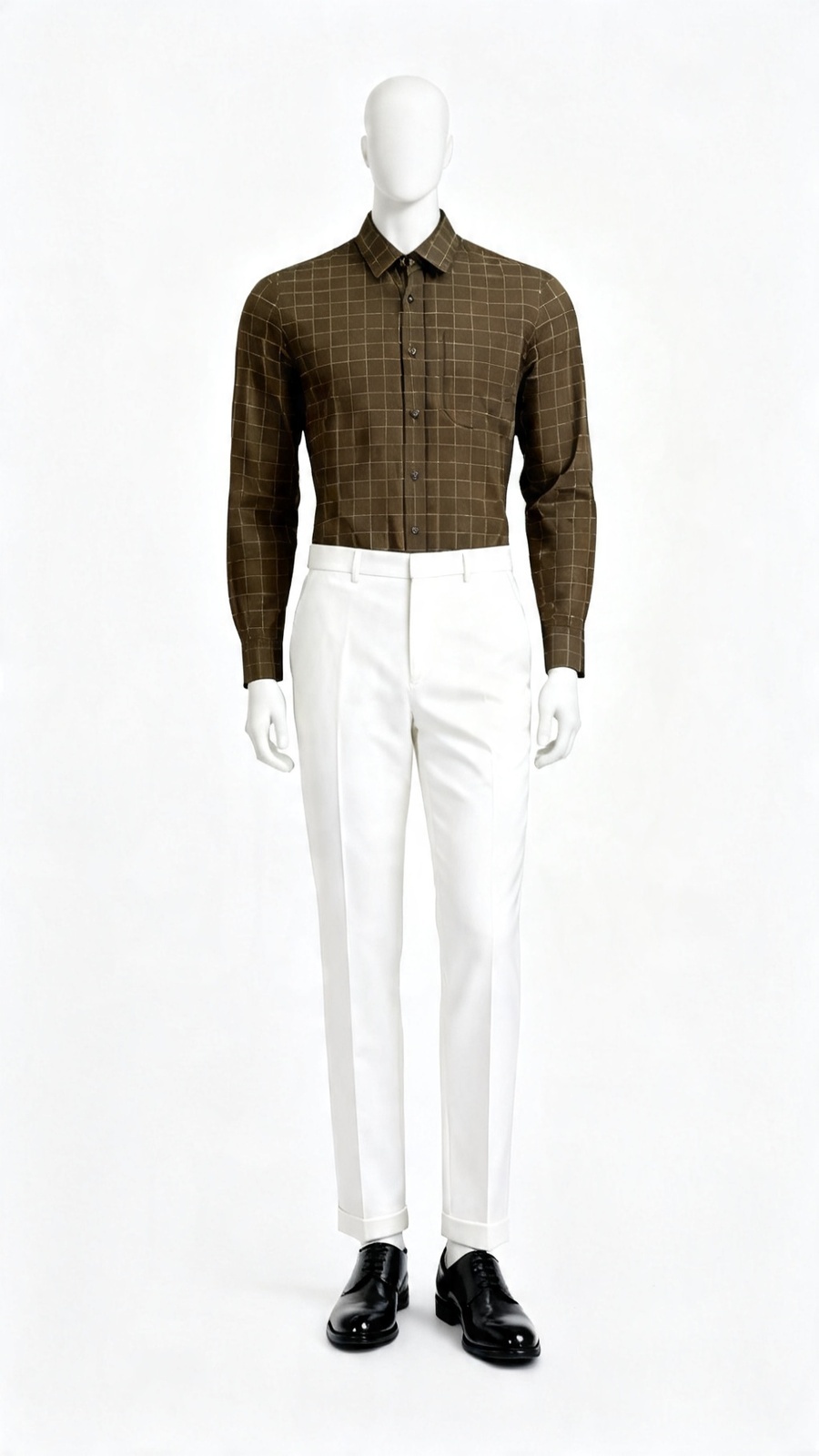 Olive Brown Windowpane Check Formal Shirt