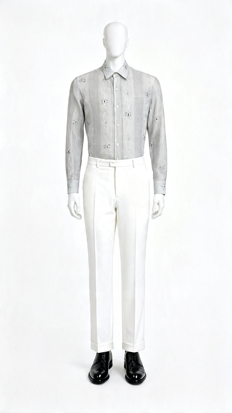 Men Light Grey Embroidered Formal Shirt