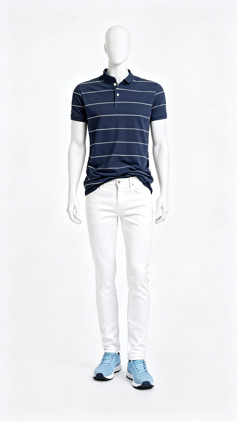 Navy Blue Polo T-Shirt with White Horizontal Stripes